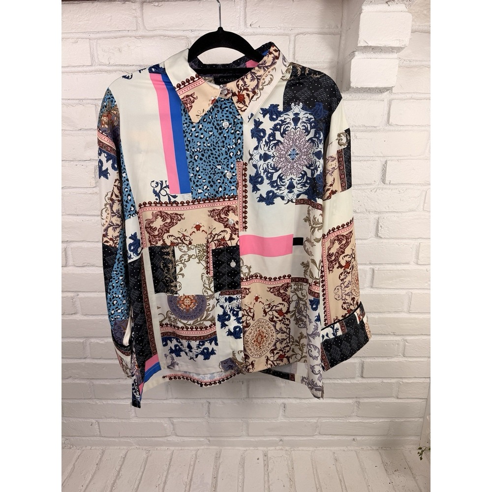 Gracia Women's Patchwork Print Button Up Blouse Size S Boho Western Top